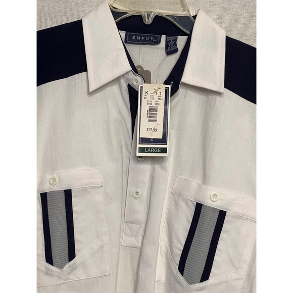 Vintage-Style Envoy Men White & Navy Polo Shirt W/ Front Pockets Large Deadstock - Picture 3 of 14